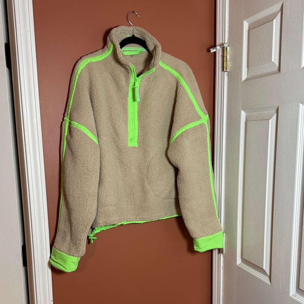 Free People Sherpa Pullover with Neon Green Trim